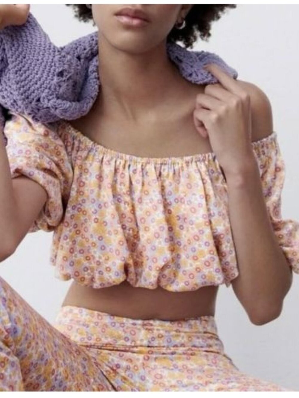 Zara Printed Satin Effect Floral Puff Sleeve Off Shoulder Crop Top Size Small